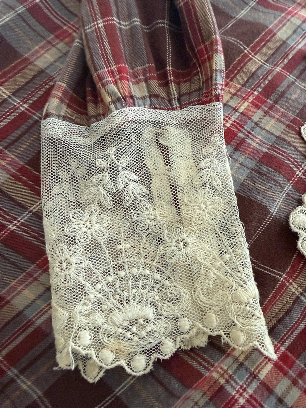 Vintage 80’s Ralph Lauren Plaid Flannel Button Front
Lace Trim Scarf Cuffs - Picture 12 of 16